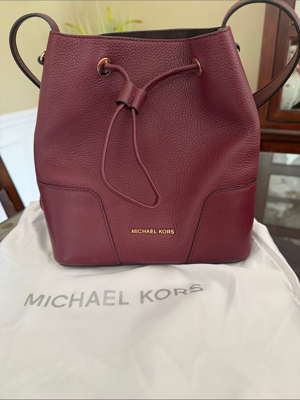 Michael Kors Pebble Leather Drawstring Bucket Bag – Burgundy Wine